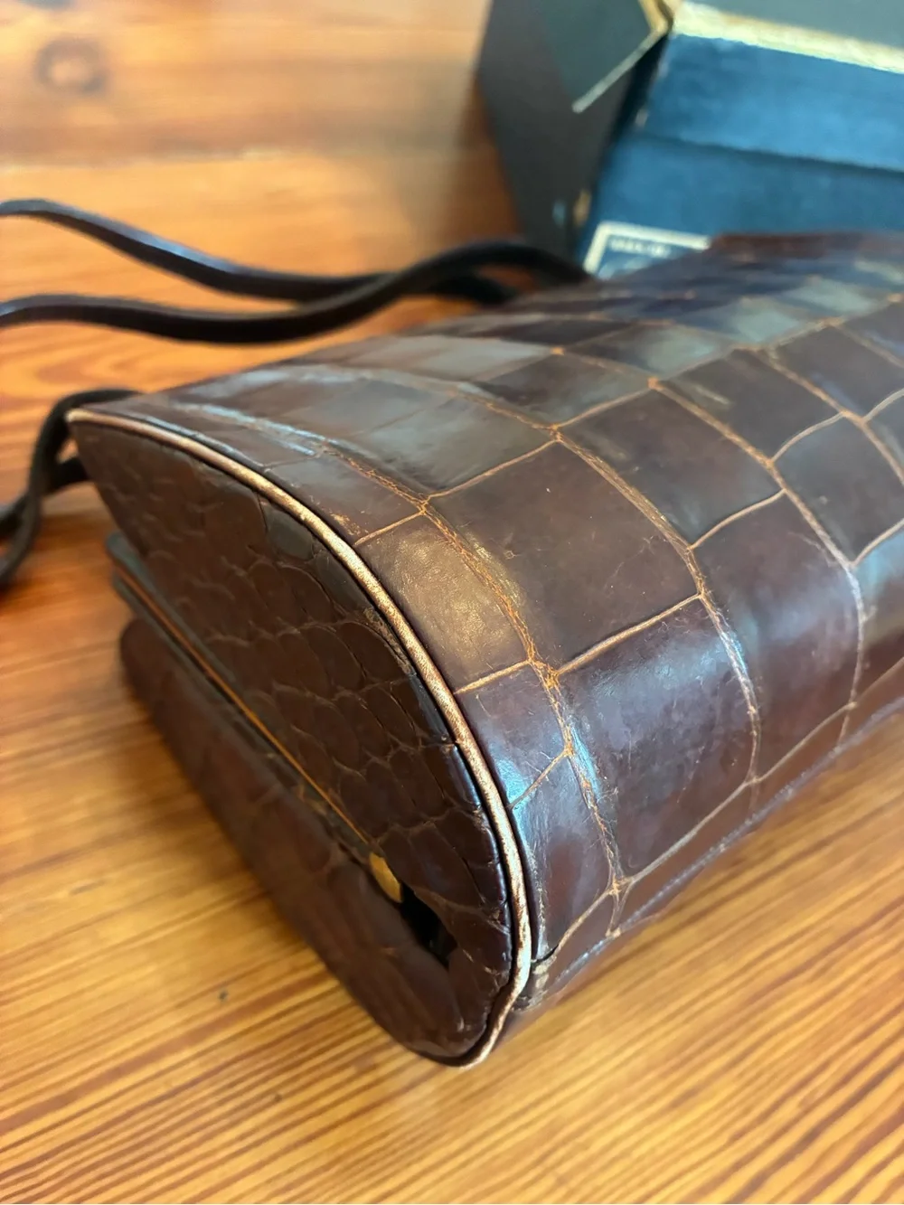 Croc-Embossed Dark Brown Leather Handbag